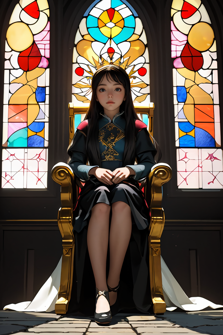 (best quality, masterpiece), 1girl, Ruling queens, thrones, stained glass, sunlight,